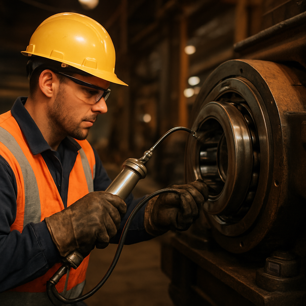 Lubrication technician working on industrial machinery
